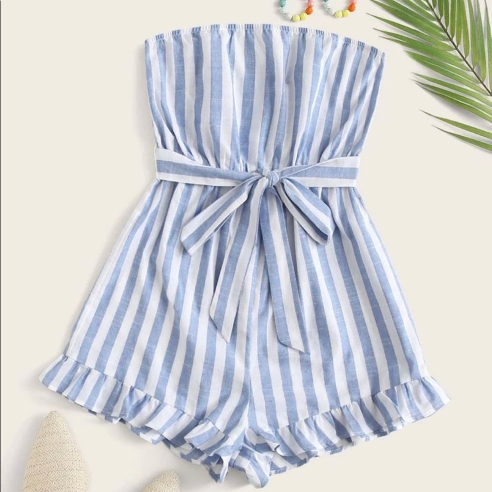 Blue and white striped romper.